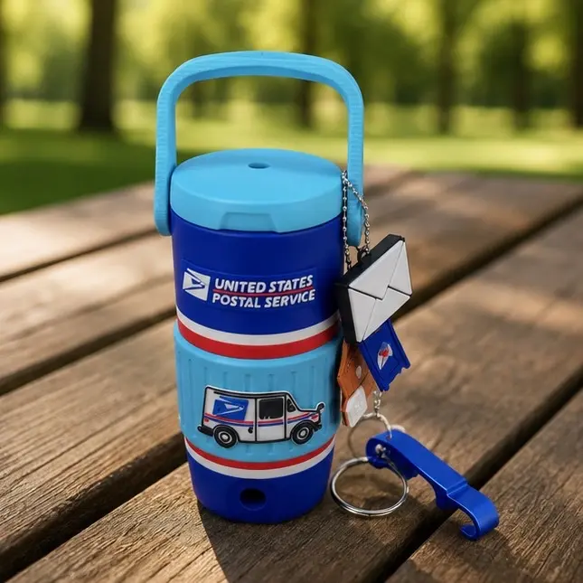 USPS-Inspired 3D Printed Can Cooler Set with Matching Keychain & Can Opener| 12oz Can Cooler
