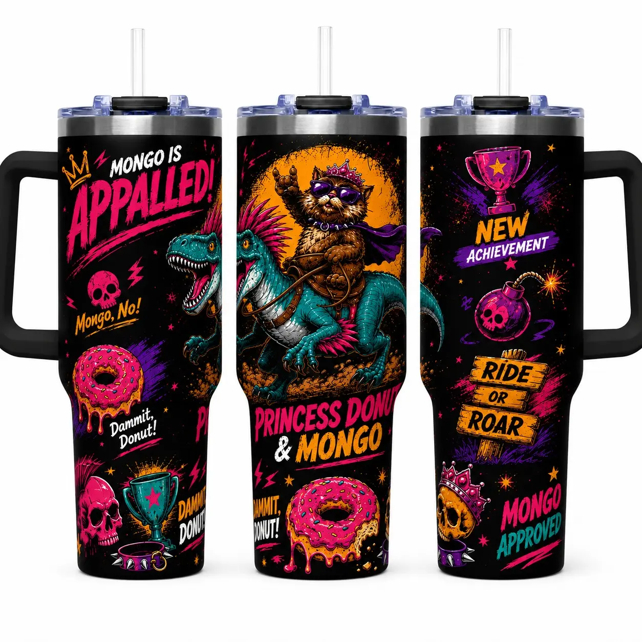 Funny Dinosaur Cat Tumbler with Handle and Straw, Fantasy Graphic Travel Cup, Donut Skull Design, Insulated Drinkware