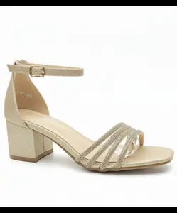 Women Block Heel Sandals Rhinestone Strap Gold