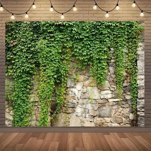 Stone Wall & Leaf Pattern Backdrop, Wall Hanging Backdrop, 1 Count Spring & Summer Decorative Backdrop, Party Decoration Supplies for Home Party & Festival, Banners