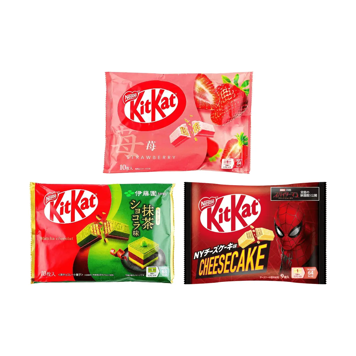 Nestle KitKat Japan Assorted Flavors 3-Flavor Variety Pack Strawberry Matcha Cocoa New York Cheesecake 340.4g Spider-Man Collaboration Limited Edition