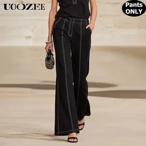 UOOZEE Women's Chic High Waist Contrast Stitch Pants(ONLY), High Waist Wide Leg Trousers with Front Pockets, Casual Workwear Pants, Minimalist Office Pants, Size Up for Full Waist