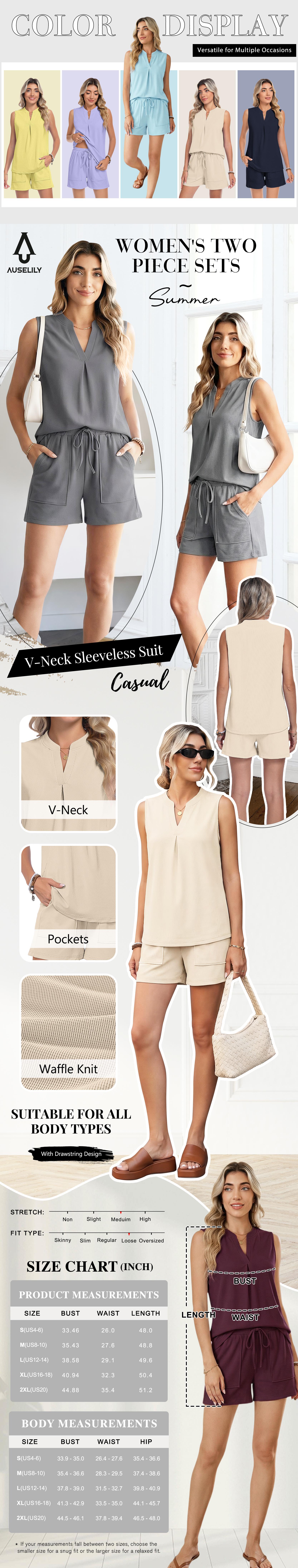 AUSELILY Women's Two Piece Sets Waffle Knit Summer V Neck Sleeveless Pleated Shorts Set Matching Sets Women Clothing 2026