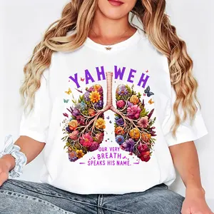 Floral Anatomy Design Women's T-Shirt Yah Weh Our Very Breath Speaks His Name Religious Statement Summer Casual Wear Gift For Faithful Women