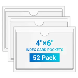 MaxGear 4x6 Index Card Pockets, 52 Pack Self Adhesive Library Card Pocket with Top Open Loading, Plastic Label Holders for Storage Bins, Clear Label Sleeves, Removable Tote Label Sticker Easy Peel Off