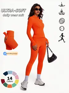Women's Two-Piece Sport Set, Long Sleeve Zipper Yoga Jacket & High-Waist Tight Pants, Slim Fit, Fall Winter, Gym Running Fitness