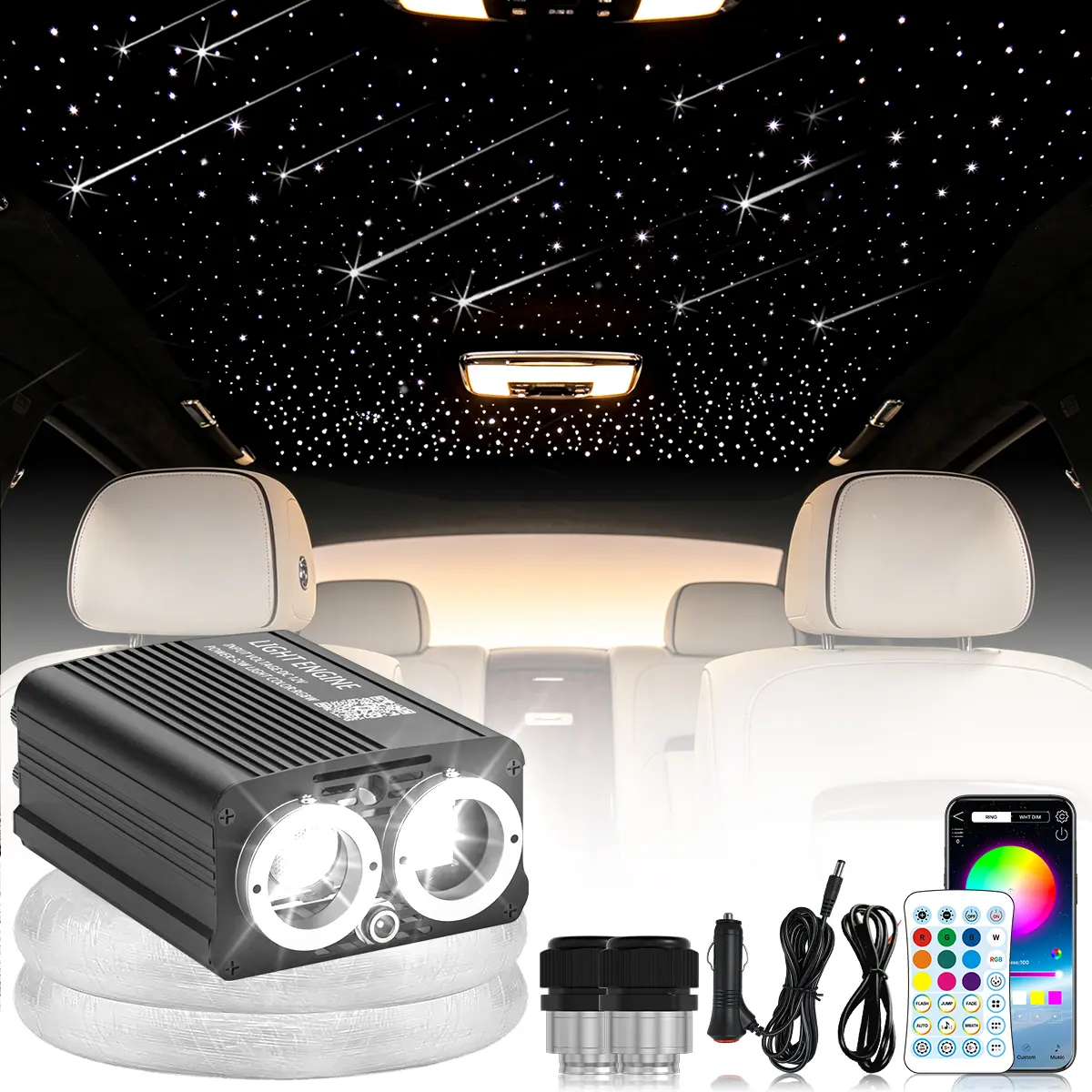 300-1200pcs Fiber Optic Starlight Headliner Kit, Steady / Twinkle / Meteor Car Roof Ceiling Light, 16W/32W APP Remote, Summer Travel Essentials Outdoor Road Trip Car Accessories, 2-Year Warranty
