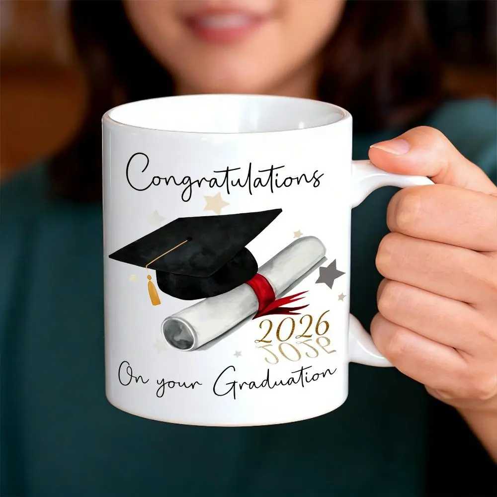 1 X 11oz Graduation Mug Single sided Printing Graduation Cap and Diploma Scroll Design Durable White Ceramic Mug College University High School Graduation Gift Home Office or Keepsake Decoration