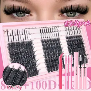 252pcs Eyelash Extension Set Single Eyelash Tuft, 10-16Mm Mix 80D 100D 120D Lash with Eyelash Bonding & Tweezers for Beginners, Exquisite Gift Set Exquisite Gifts, New Year Gifts, Valentine'S Day Gifts