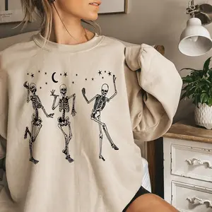Halloween Party Dancing Skeleton Sweatshirt - Happy Skeletons Oversized Fall Tee 3CB