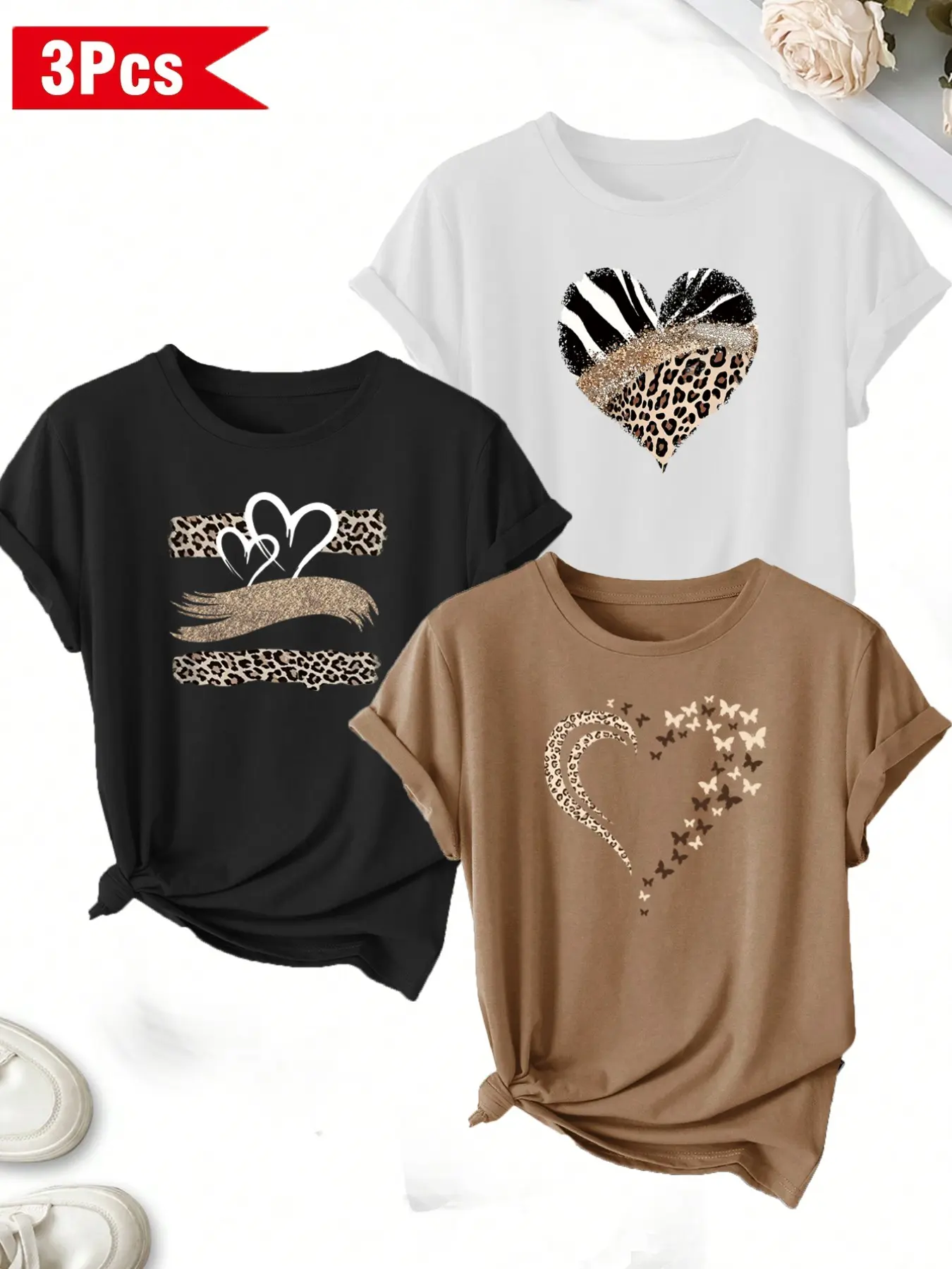 Women's 3-Piece Leopard Print Casual Printed Streetwear Round Neck Short Sleeve Tops, Casual Fashionable Top, Soft and Comfortable, Fitted Spring Summer Fashion Item, Ideal for Everyday Wear