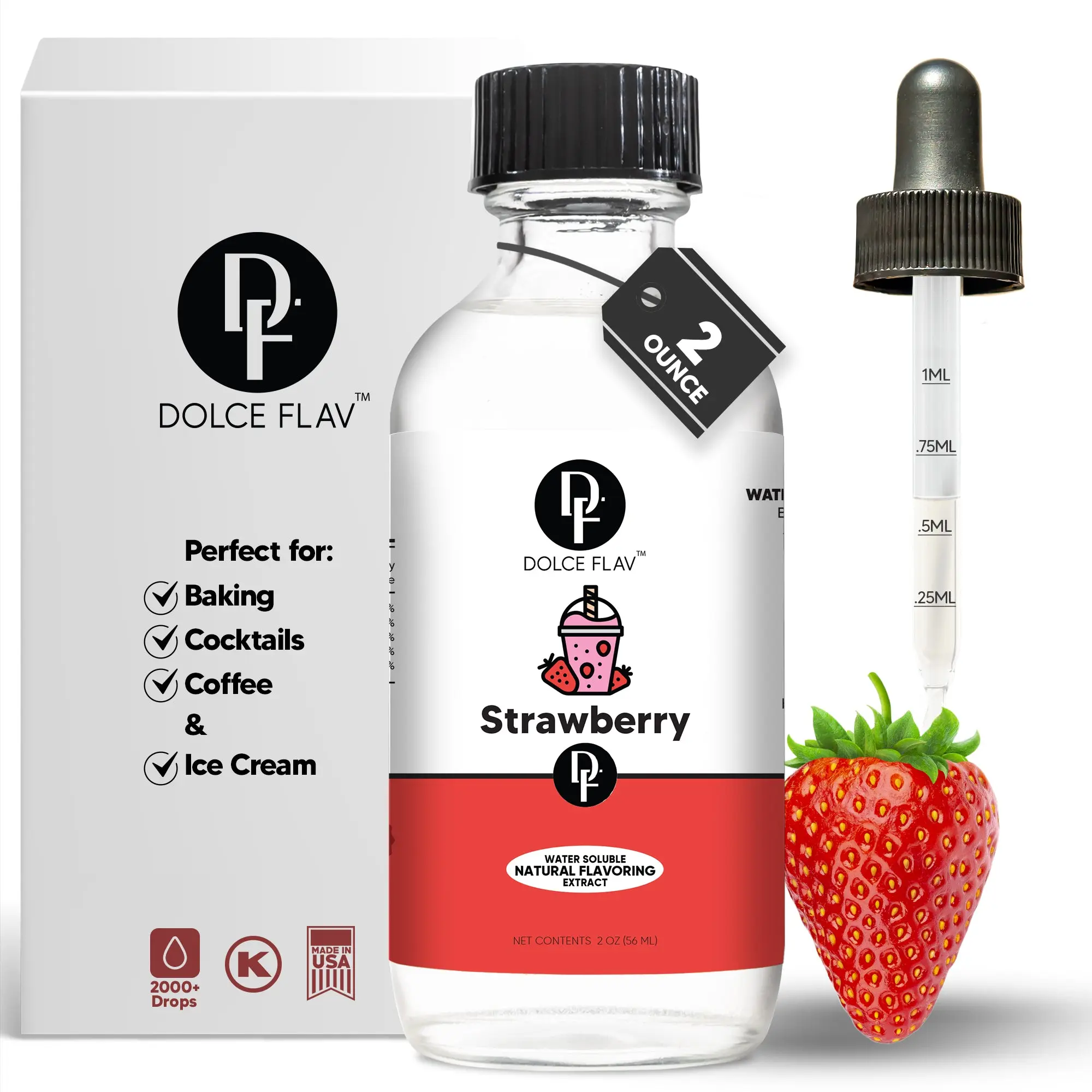 Dolce Flav 2oz Water-Soluble Strawberry Flavoring Extract - 2000+ Drops Alcohol-Free Dye-Free for Beverages Baked Goods Sauces - Baking