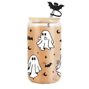 Halloween Ghost Glass Cup with Lids & Straws, Cute Spooky Basket Stuffers, 16 Oz Middle Finger Ghost Bat Tumbler Mug, Funny Halloween Gifts,