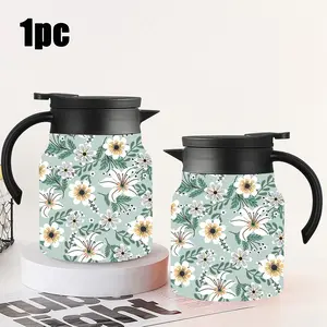 1pc 34oz Floral Design Stainless Insulated Kettle & Coffee Pot, Vacuumflask for Hot/Cold Drinks, Leakproof Portable Water Boiler for Camping, Travel, Office, Outdoor Activities
