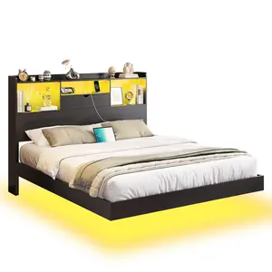 Queen Floating Bed Frame with LED Lights and Headboard Storage Black