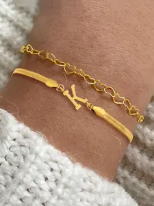 Women's Letter Initial Bracelet Set, Classic Vintage Stainless Steel Wrist Herringbone Chain & Heart Chain Link, Casual All Season Jewelry, Stackable Bracelets, Trendy Stack Bangle, Personalized Jewelry Gift