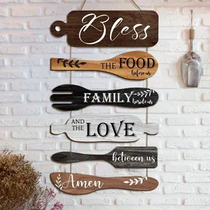 6 Pcs Bless The Food Before Us Sign Farmhouse Kitchen Wall Decor Dining Room Decorations Collage Wall Rustic Hanging Wooden Art Signs Housewarming Gifts for Kitchen Living Home(Multicolored)