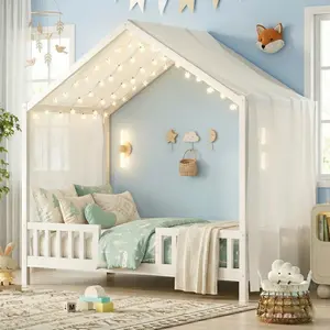 Twin Montessori House Bed with High Rails, Wood Low House Floor Bed with Roof & Canopy, Twin House Beds Frame for Boys Girls, No Box Spring Needed, White