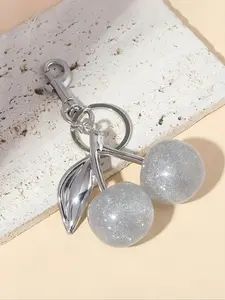 Shiny Silver Color Cherry Pearl Pendant Keychain, Elegant Faux Pearl Charm, Large Crystal Cherry Shape, Fashionable Metal Accessory