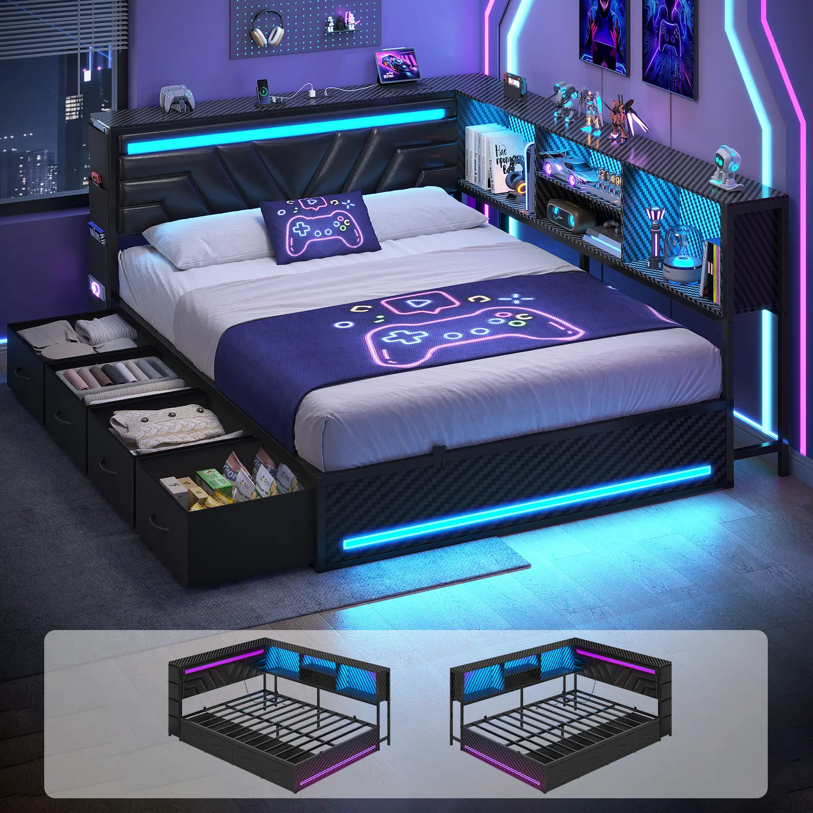 Hasuit Twin/Full/Queen Corner Bed with Drawers, Bookcase, LED Lights Charging Station Gaming Bed Frame with Storage, Esports-Style Bed with Upholstered Headboard,sohochic