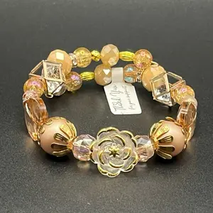 Thalia Mae Golden Passion Flower Memory Wire Bracelet with Golden Accents and Focal Bead Sparkling Design