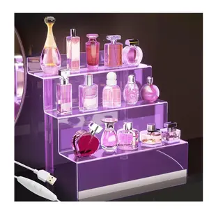 Large Acrylic Display Organizer with Led Light - 3 Tier Perfume Stand and Display Step Shelves Holder, Cologne Organizer for Men, Figures Stand, Porta Perfumes Para Tocador, Clear Riser, Dessert Shelf Racks