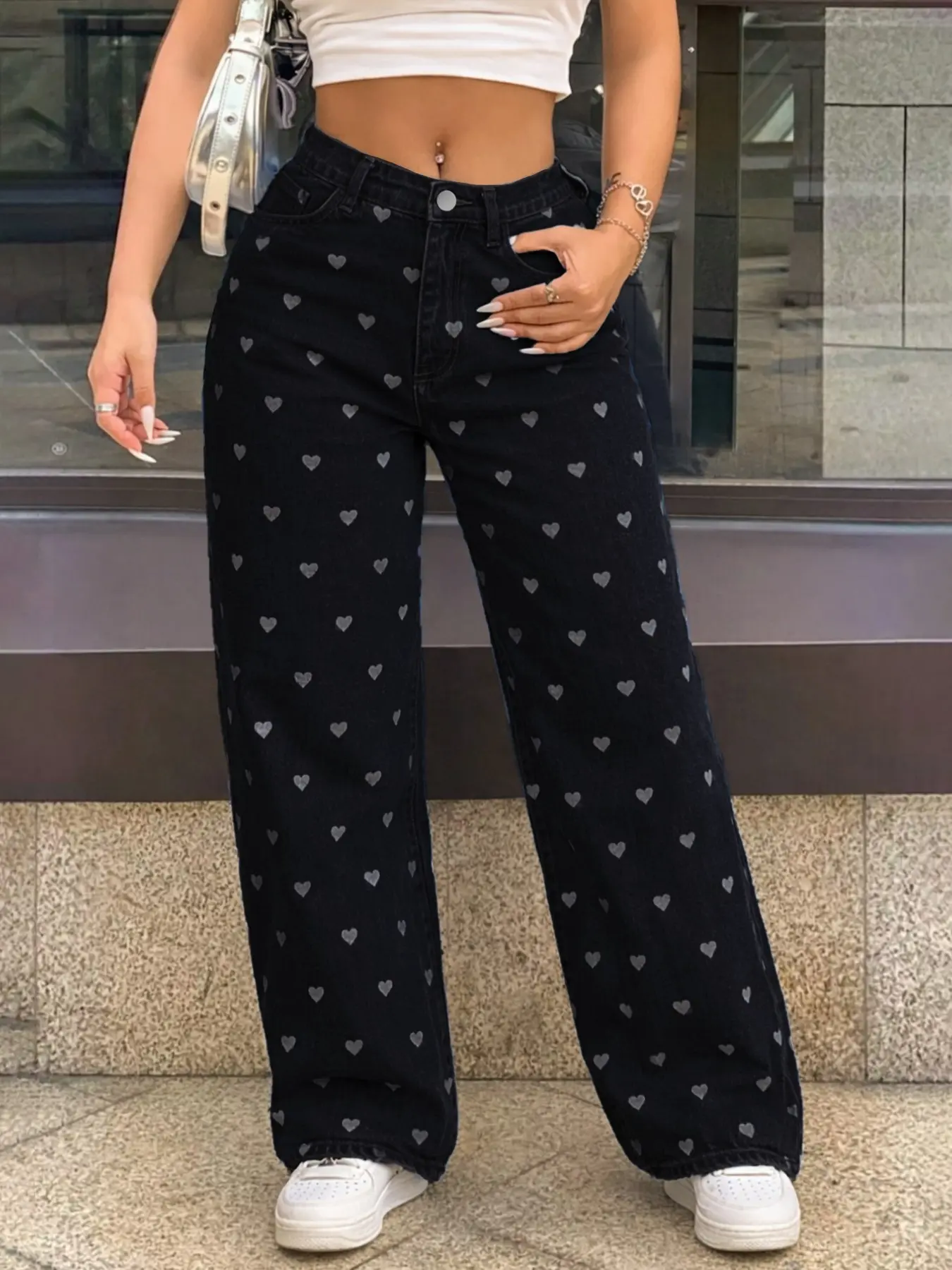 Y2K Heart Pattern Print Jeans, High Waist Fitted Ankle-Length Pants, Casual All-Seasons Denim, High Waisted Denim, Zipper Fly Closure, H-Type Silhouette