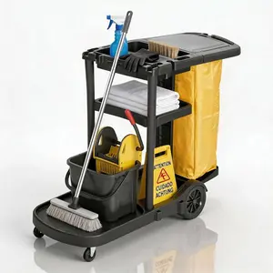 NORTHSKY Cleaning Carts on Wheels, Janitorial Cart, 3-Shelf Commercial Traditional Plastic Housekeeping Cart Multifunctional Janitorial Cart, with 2 Yellow Vinyl Bag and 2 Pair of Rubber Gloves