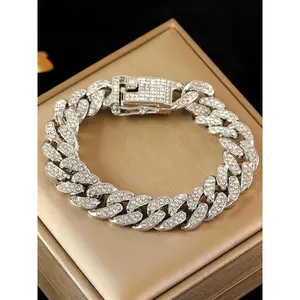 Hip-Hop Thick Cuban Bracelet for Women & Men, Exquisite Bracelet, Punk Style Sparkling Rhinestones Chain, Waterproof Jewelry, Perfect Party Gift Trendy Fashionable Accessories Trendy Jewellery Accessories, Cuban Chain Bracelets