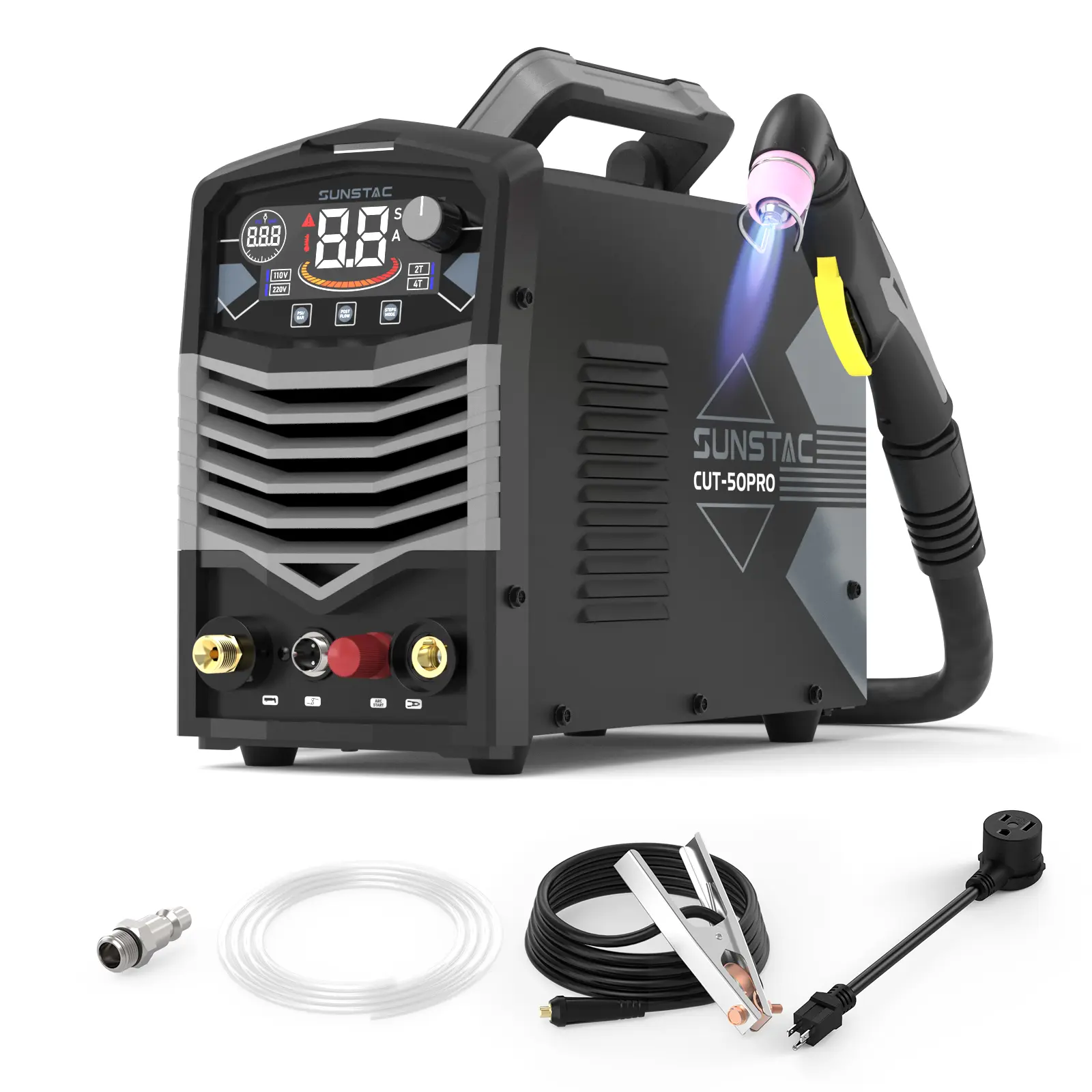 SS-CUT-50-PRO 50A Non-Touch Pilot Arc Plasma Cutter, 110/220V Dual Voltage IGBT Inverter Plasma Cutting Machine, High-Frequency Start, 2T/4T & LCD Display, Max 4/5 Inch Cut