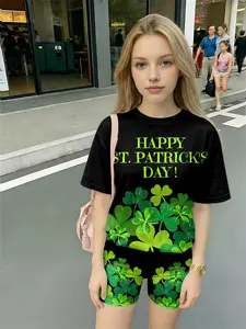 St Patrick's Day Vintage Four-Leaf Clover Fluorescent Slogan Short Sleeve Shorts Set, Casual Asymmetrical H-Type Suit