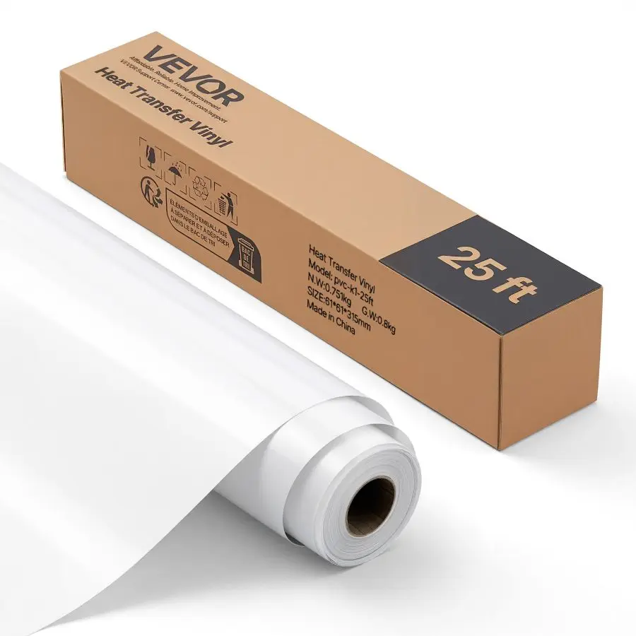 VEVOR Heat Transfer Vinyl Roll, 12 in x 25 ft Glossy White HTV Iron-On Vinyl, Easy to Cut & Weed, Strong Adhesion, Compatible with Cutting Machines, for T-Shirts, Shoes, Socks, Ideal for Friends, Family, Classmates, Pvc