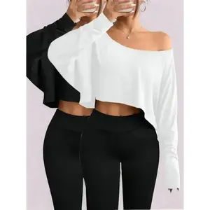 Women's Solid Off Shoulder Tee, Casual Chic Fitted  Loose Longsleeves Crop Top for Daily Holiday Outdoor Wear, Ladies Clothes for All Seasons, T Shirts for Women, Go Out Tops, Tops for Women, Womenswear