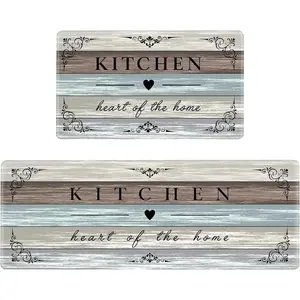 Kitchen Mat Farmhouse Cushioned Anti  Kitchen Mats for Floor 2 count Non Slip  Rugs, Rustic Wooden Comfort Standing Mats for Office, Sink, Laundry