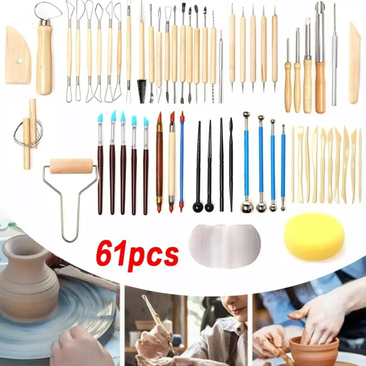 61 Pcs Complete Pottery & Clay Sculpting Tool Kit,Wooden Handle Clay Carving,Smoothing & Shaping Tools Set for Ceramics,Polymer Clay & Beginners,Halloween Christmas Party Gifts,DIY Hand Tools Kits