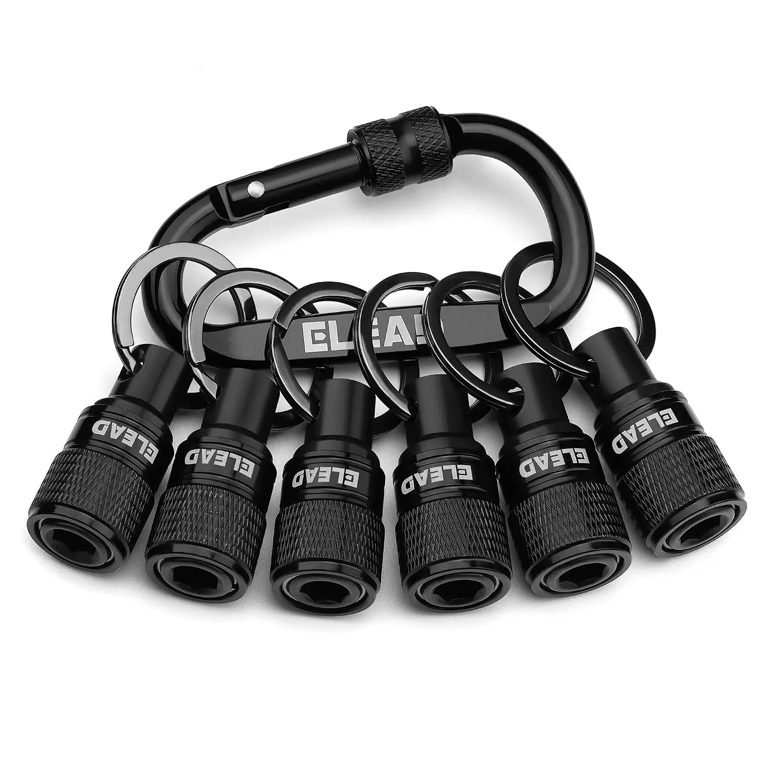 6-Piece Black 1/4 in Hex Shank Bit Holder Key Chain - Quick Release, Carabiner for Nut Driver, Screwdriver & Drill Bits, Men's Tool Gift