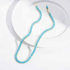 Name 14K Gold Plated Turquoise Tennis Necklace for Women Dainty Square Beaded Chain Trendy Boho Jewelry Gift for Her Mom Friend