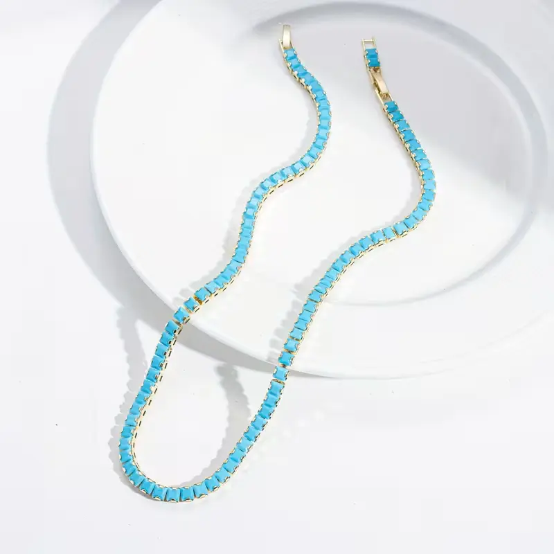 Name 14K Gold Plated Turquoise Tennis Necklace for Women Dainty Square Beaded Chain Trendy Boho Jewelry Gift for Her Mom Friend