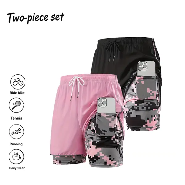 Women’s double-layer sports shorts with phone pocket, quick-dry camouflage fitness shorts, breathable stretchy yoga shorts for running training, outdoor running five-inch shorts with anti-exposure design