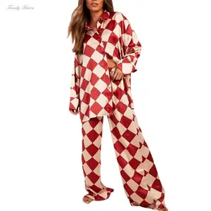 Women's Checkerboard Print Loungewear Set Long Sleeve Lapel Button Down Tops Long Pants Oversized Sleepwear
