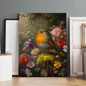 1Count Wooden Frame Canvas, Colorful Robin Bird On Flower Background, Exquisite Poster, Fashion Living Room Decoration, Modern Art, Bedroom Poster, High Definition Home Poster, Affordable Poster, Ideal Gift, Waterproof, Printing, Art