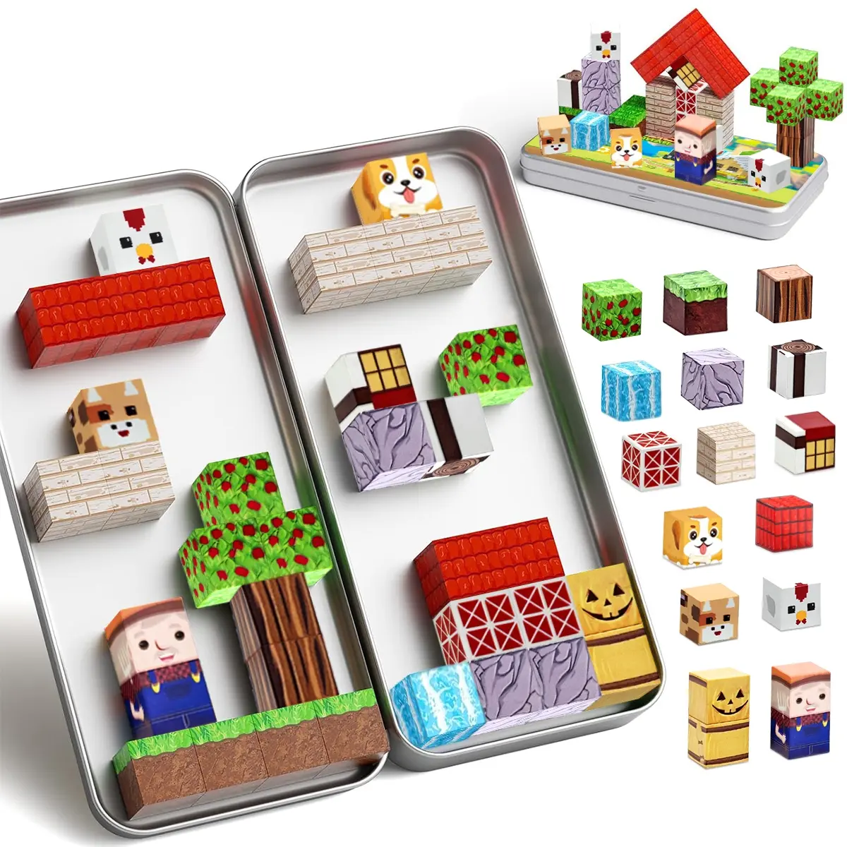 35pcs Magnetic Cubes Blocks With Box Set - Farm Theme, 3D puzzle Toys Kids Learning Toys Set, Explore unlimited imagination, Halloween Gifts for Boys and Girls, Game, Magnetic Building Blocks, Creative Building Block, Diy Building Model
