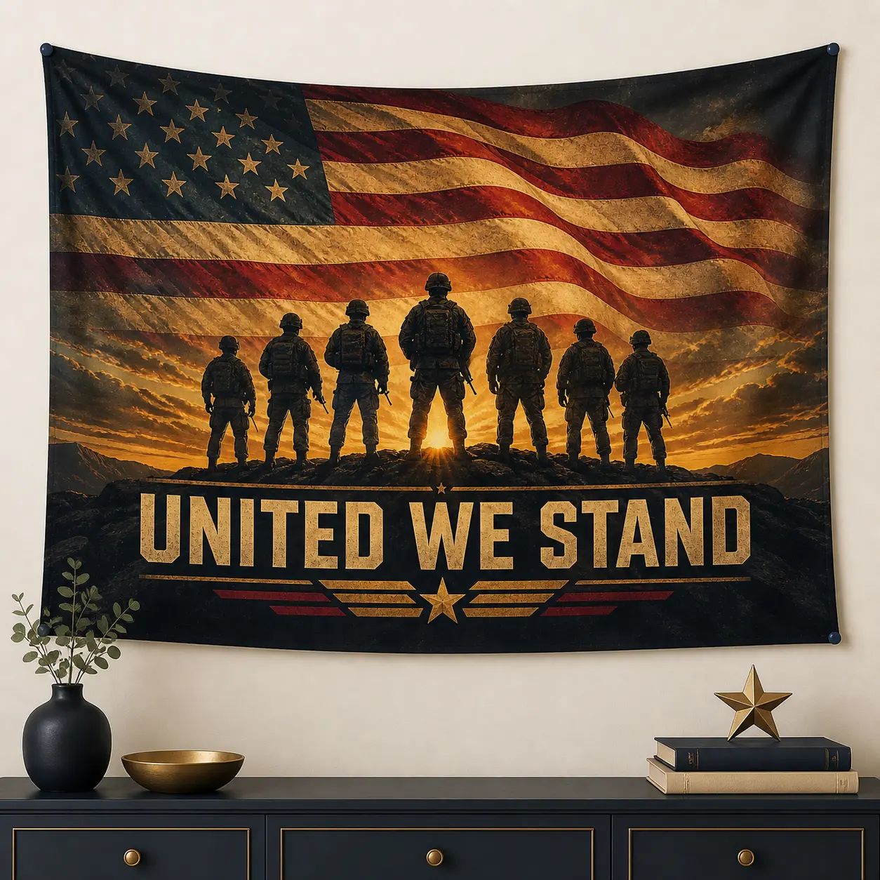 United We Stand American Flag Tapestry, Lightweight Linen Fabric, Patriotic Military Silhouette Wall Hanging, Motivational USA Wall Decor for Bedroom, Office or Home Gym sohochic