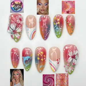 Midnight Sun Press On Nails for Y2K Lovers | Sunset Ombre Rainbow Nails with 3D Floral Art | 90s Nail Design | Artistic Press Ons