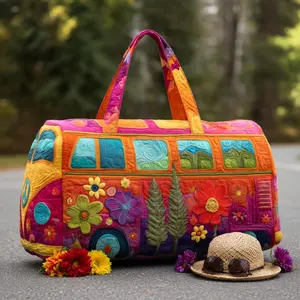 Quilted Floral Retro Camper Van Weekender Bag - Lightweight Boho Travel Duffle with Peace Sign - Large Overnight Carry On - Perfect Mother's Day Gift for Mom