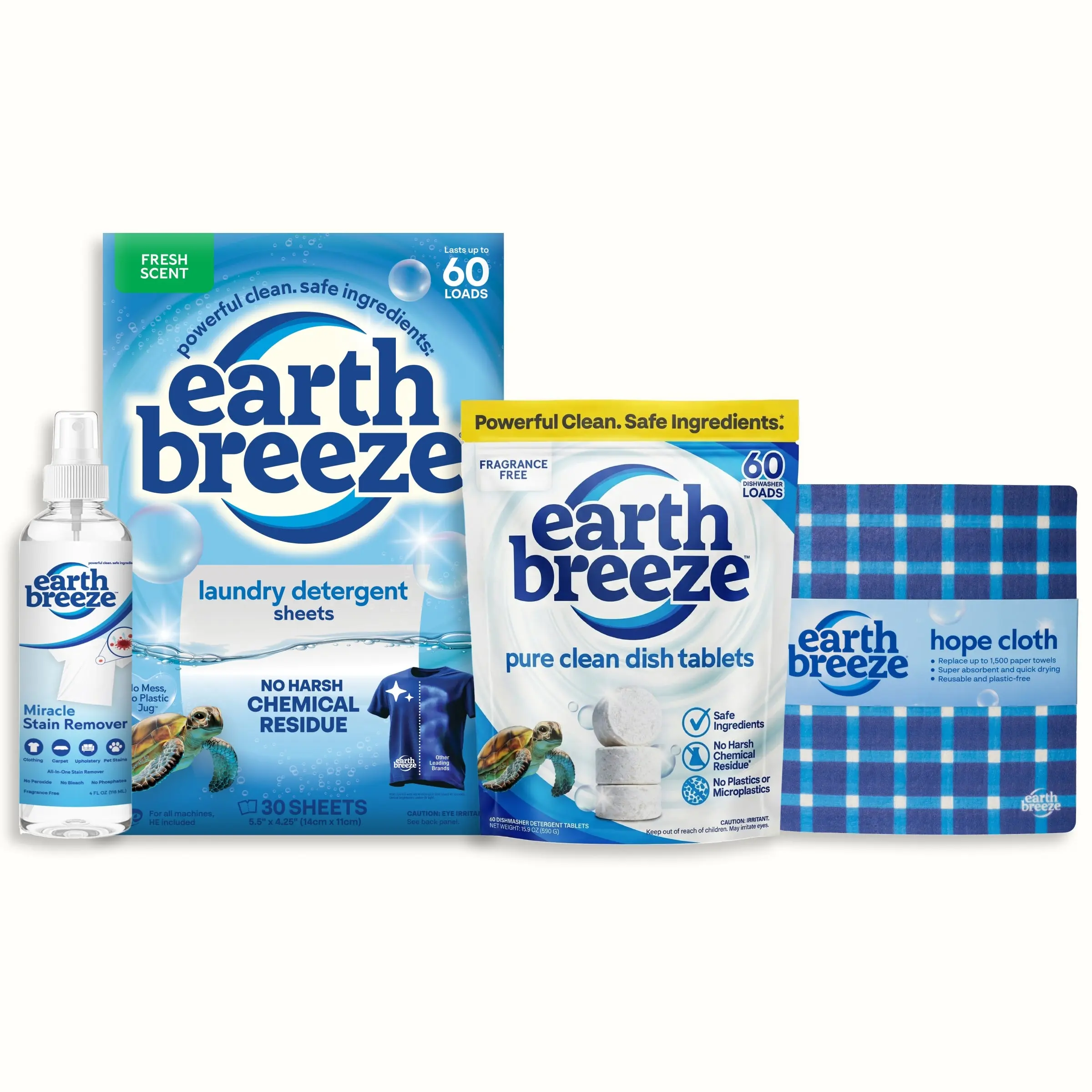 Earth Breeze Ultimate Clean Home Bundle:  Laundry Detergent Sheets, Miracle Stain Remover Spray, Dishwasher Detergent Tablets & Hope Cloth | Eco-Friendly with No Harsh Chemicals | Sustainable Cleaning Kit