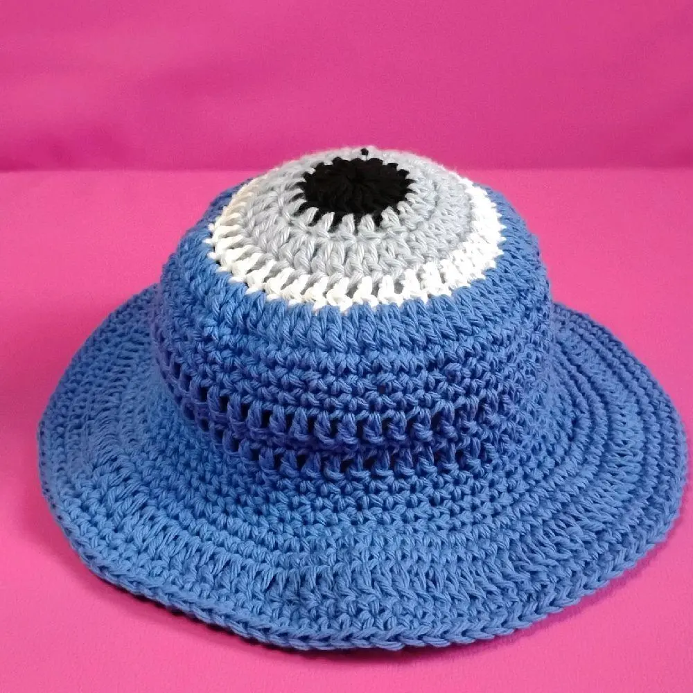 Crochet Evil Eye Bucket Hat, Handmade Woven Hat in 100% Cotton, Unique Statement Piece with Original Pattern, Handmade Woven Hats Handmade Straw Hat