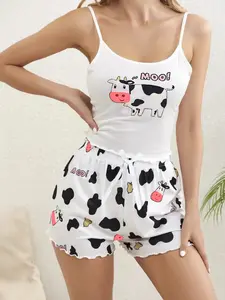 Women's Cow Print Cami Top & Shorts Pyjama, Casual Comfy Loungewear Set for Women, Comfy Loungewear Set for Daily Home Wear, Lingerie