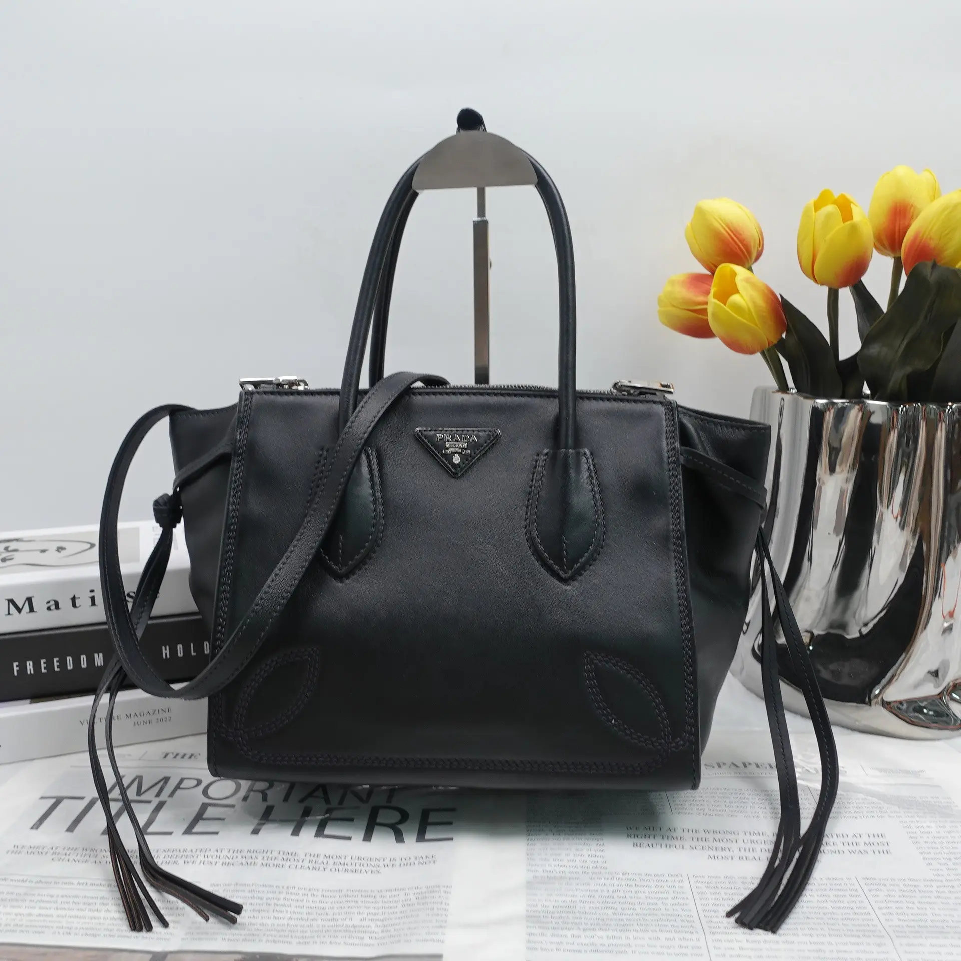 Pre-owned PRADA Calfskin Shoulder Bags Pre onwed Tassel Twin Pocket Small Black Shoulder Bag