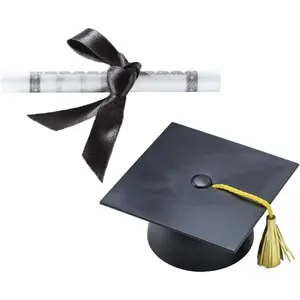 Plastic Graduation Cap Cake Topper with Large Paper Diploma Cake Topper (Black)